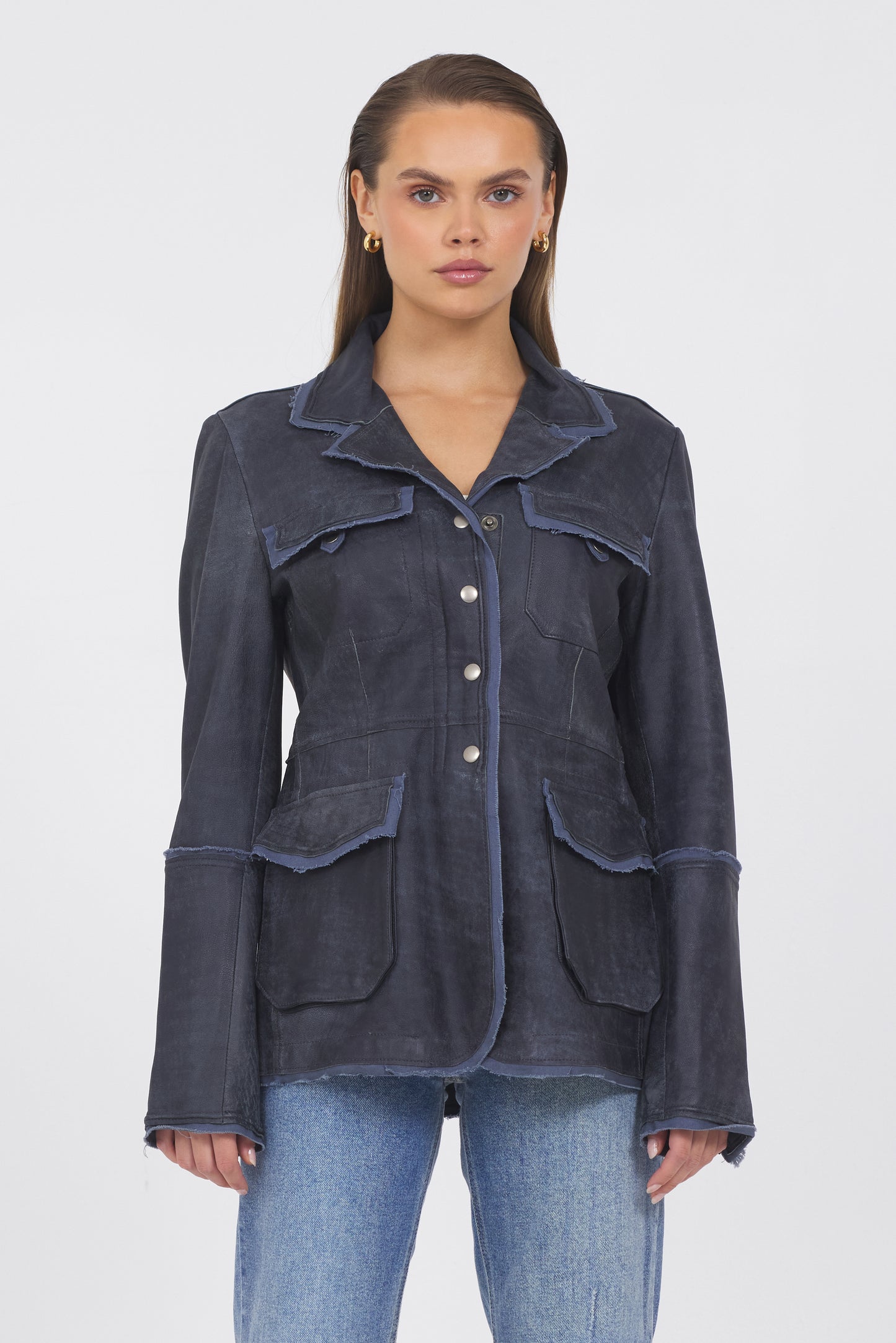 Meryl Distressed Leather Jacket Indigo