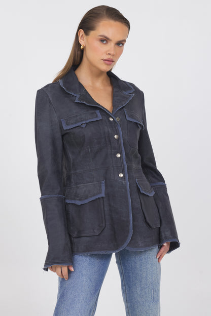 Meryl Distressed Leather Jacket Indigo