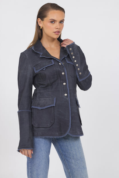 Meryl Distressed Leather Jacket Indigo