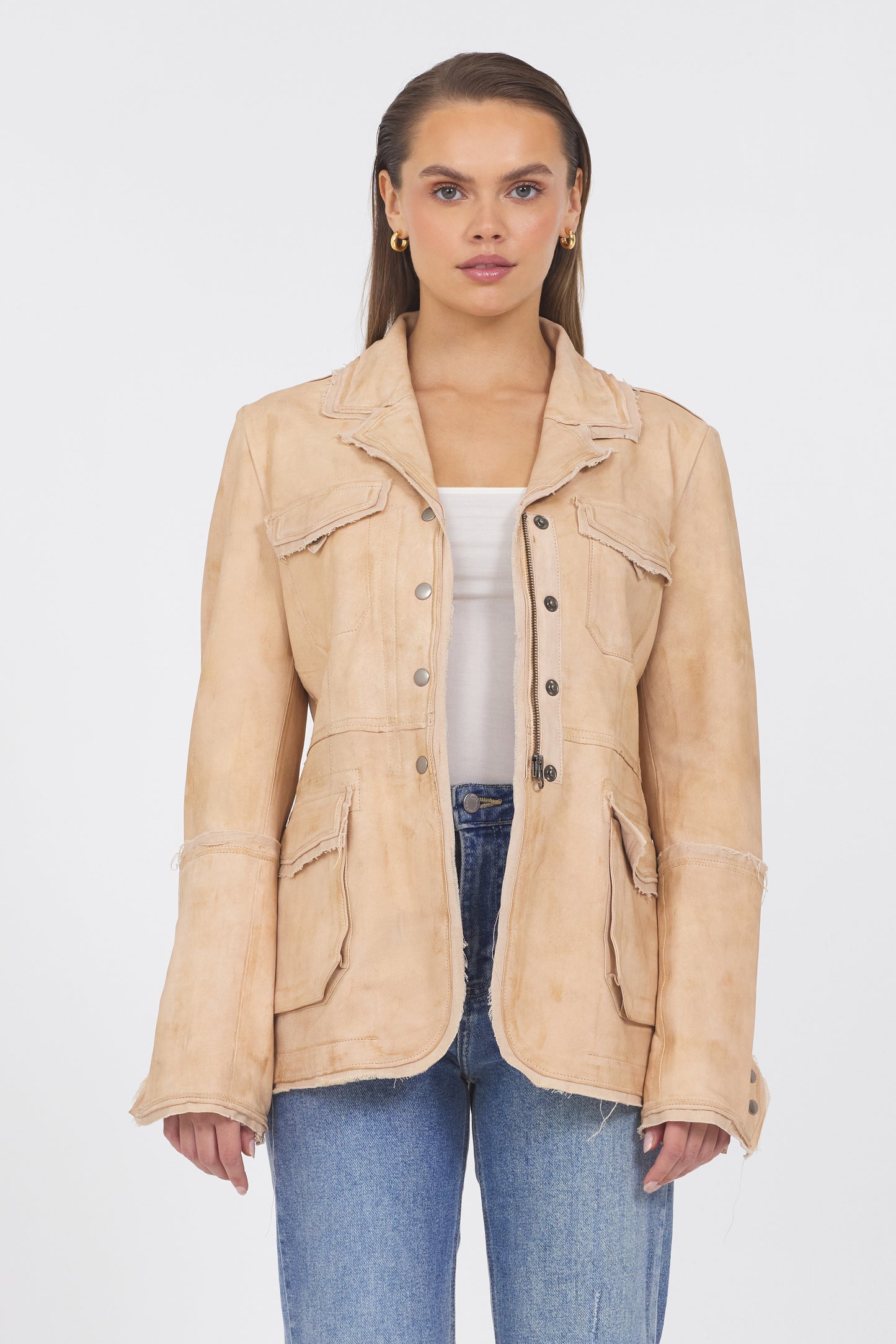 Meryl Distressed Leather Jacket Cappuccino