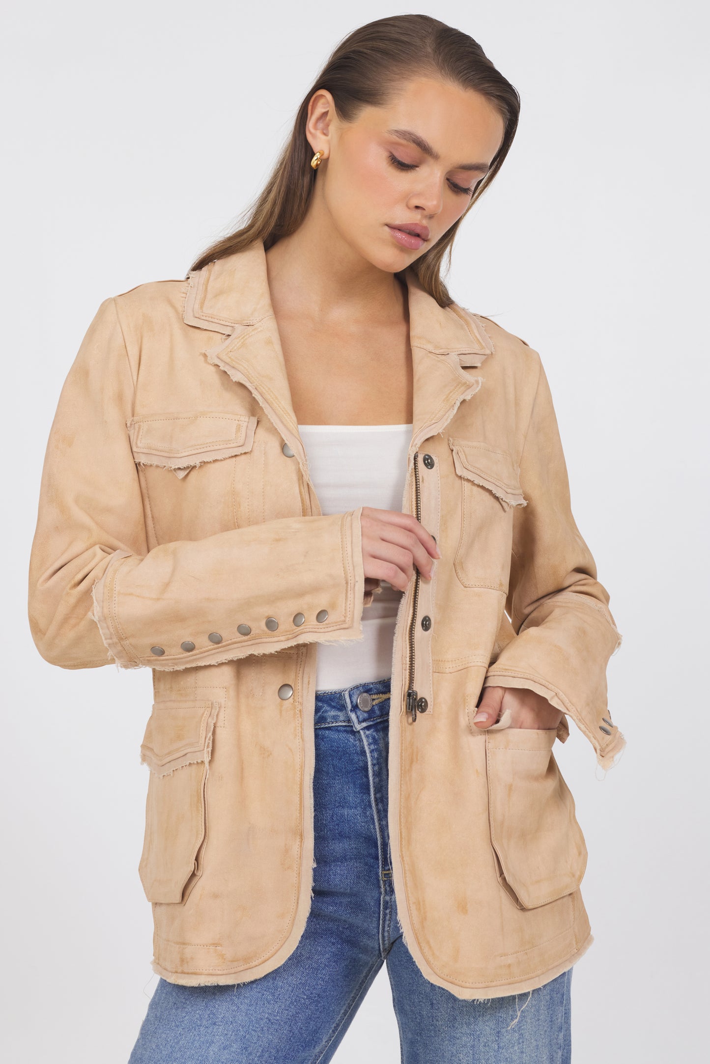 Meryl Distressed Leather Jacket Cappuccino