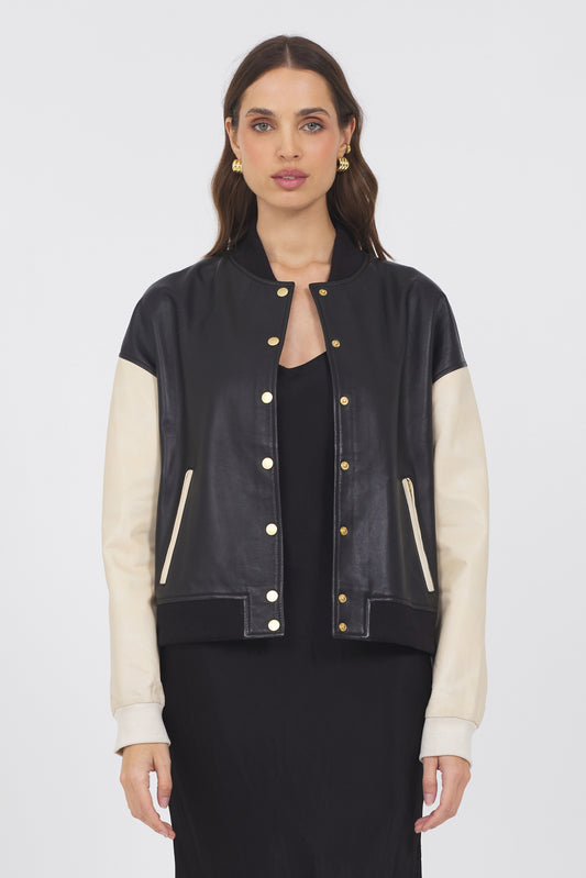 Mae Washed Leather Jacket Black/Cream