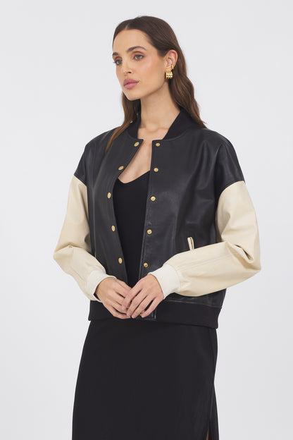 Mae Washed Leather Jacket Black/Cream