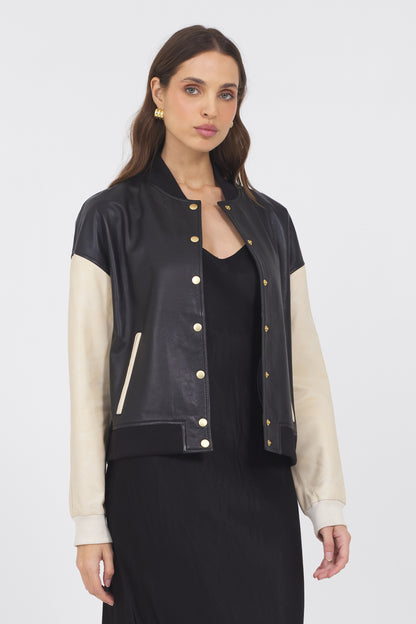 Mae Washed Leather Jacket Black/Cream