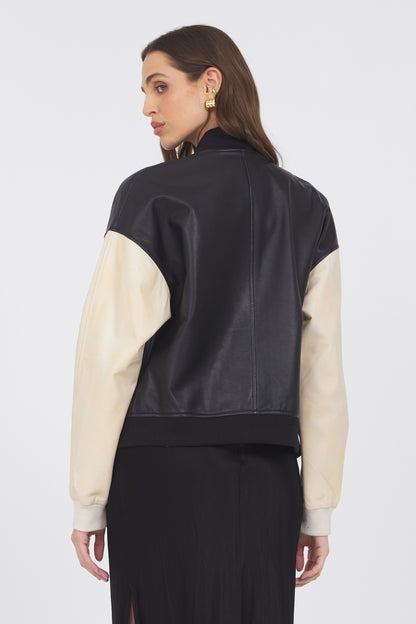 Mae Washed Leather Jacket Black/Cream