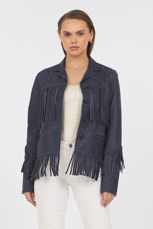 Annie Distressed Leather Jacket Indigo