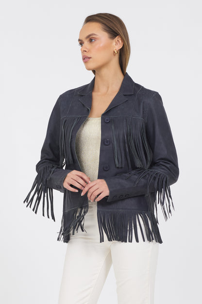 Annie Distressed Leather Jacket Indigo