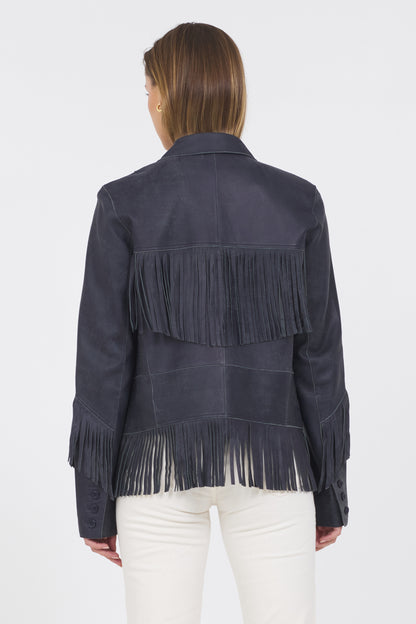 Annie Distressed Leather Jacket Indigo