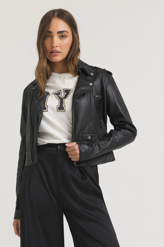 Piper Burnished Leather Jacket Black