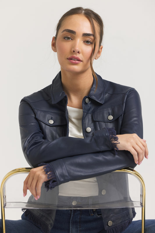 Alexa Burnished Leather Jacket Dark Indigo