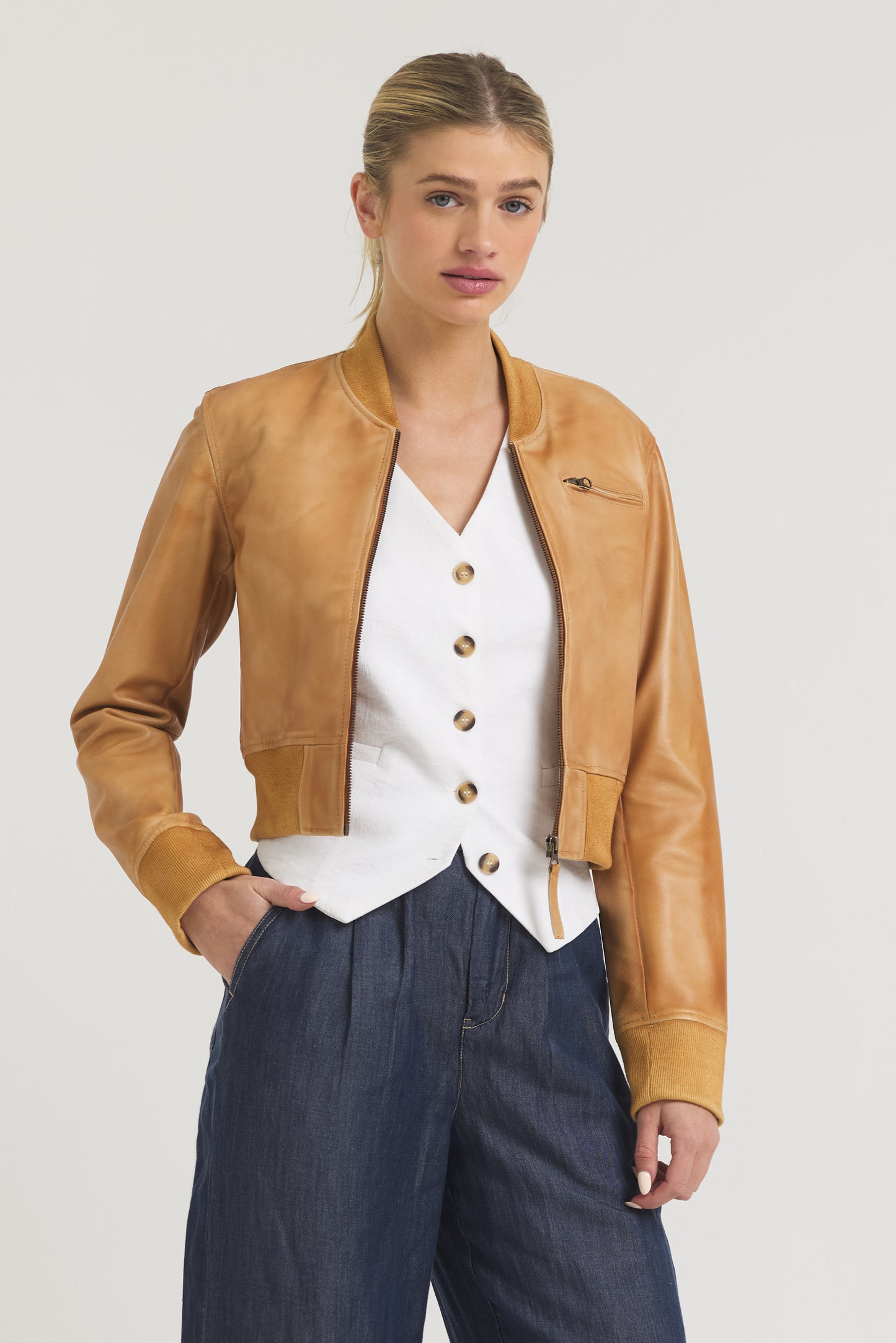 Collins Patina Leather Jacket Au Lait