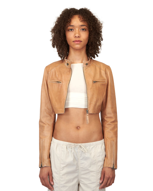 Cropped Vespa Patina Leather Jacket Au Lait