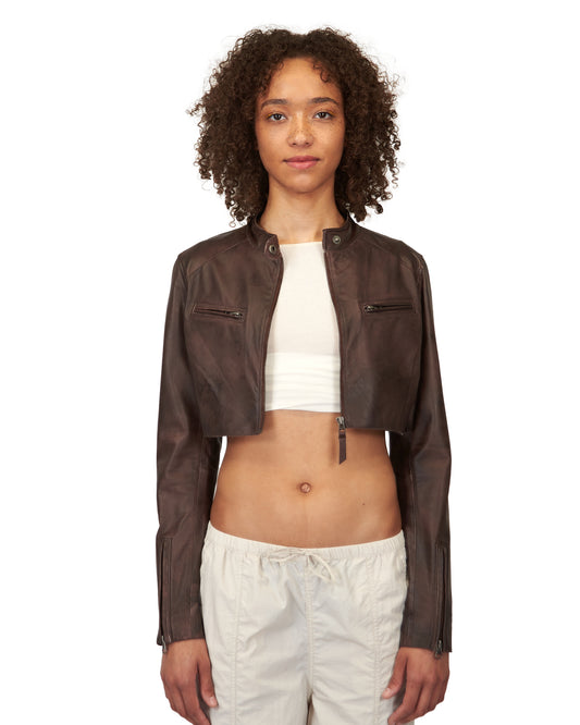 Cropped Vespa Patina Leather Jacket Bark