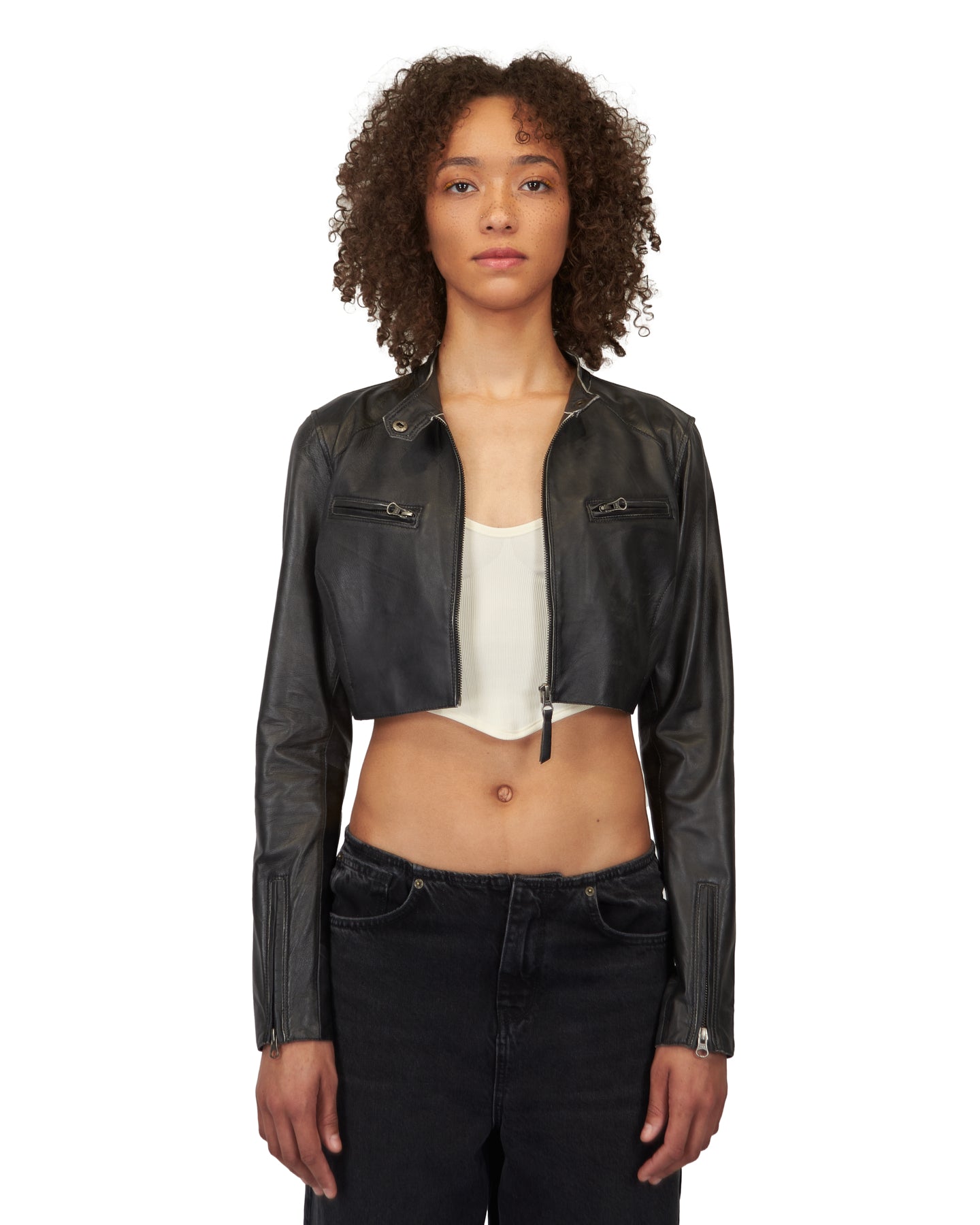 Cropped Vespa Patina Leather Jacket Black