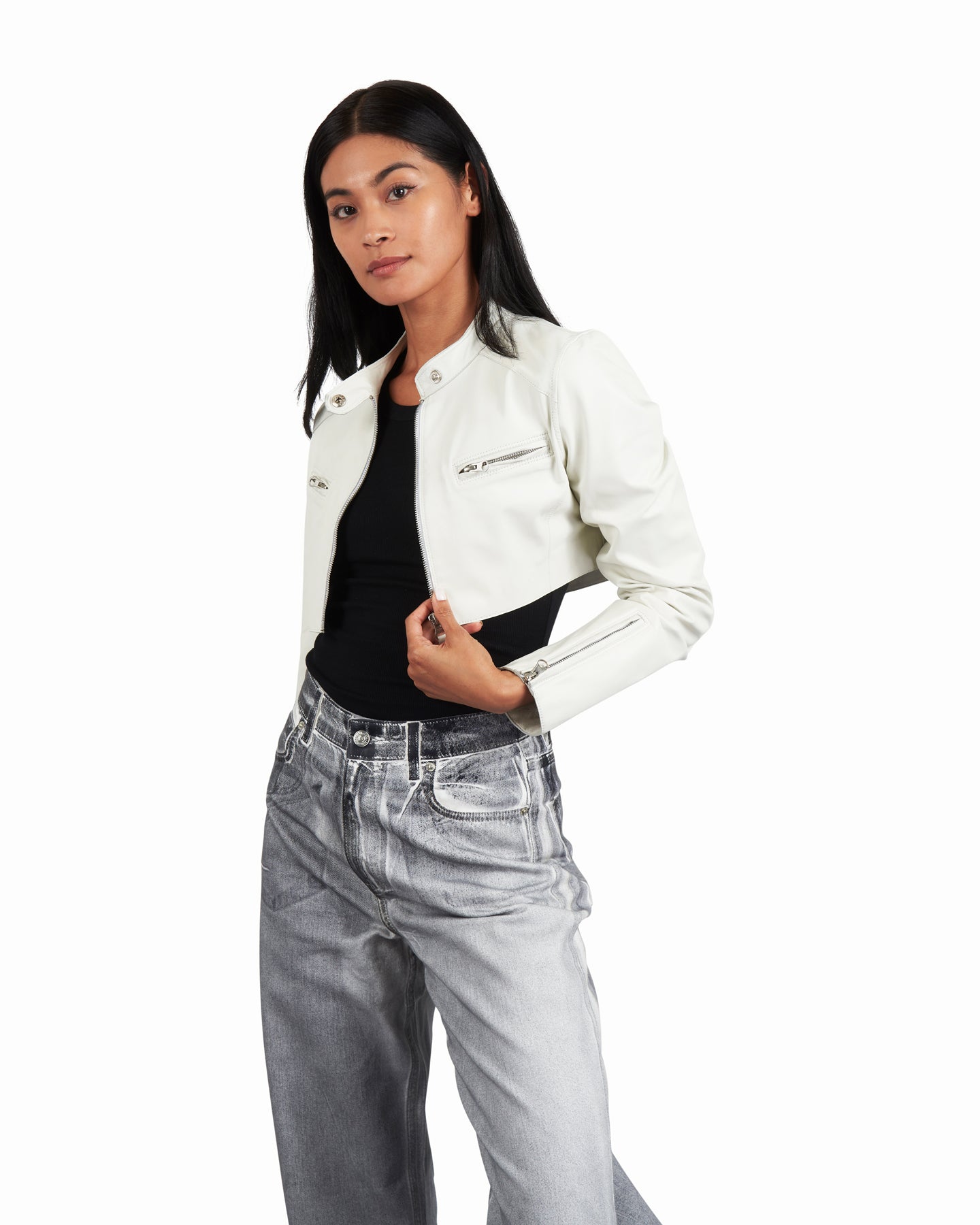 Cropped Vespa Burnished Leather Jacket White